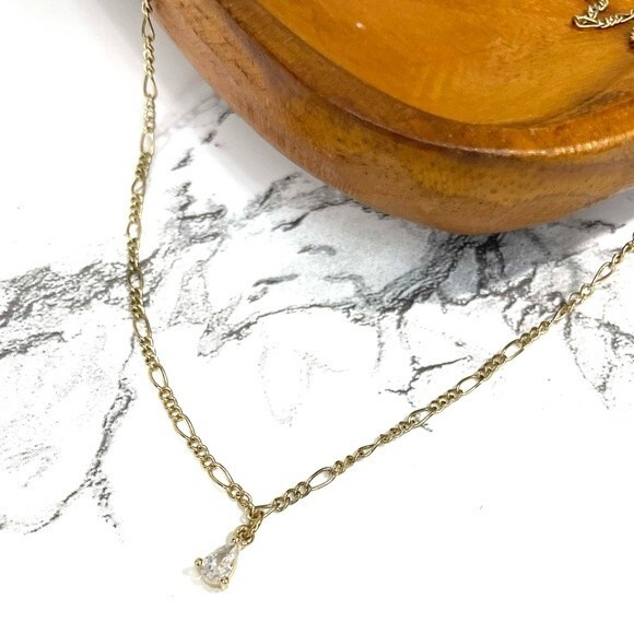 Teardrop Solitaire Rhinestone Gold Tone Necklace - Picture 1 of 8